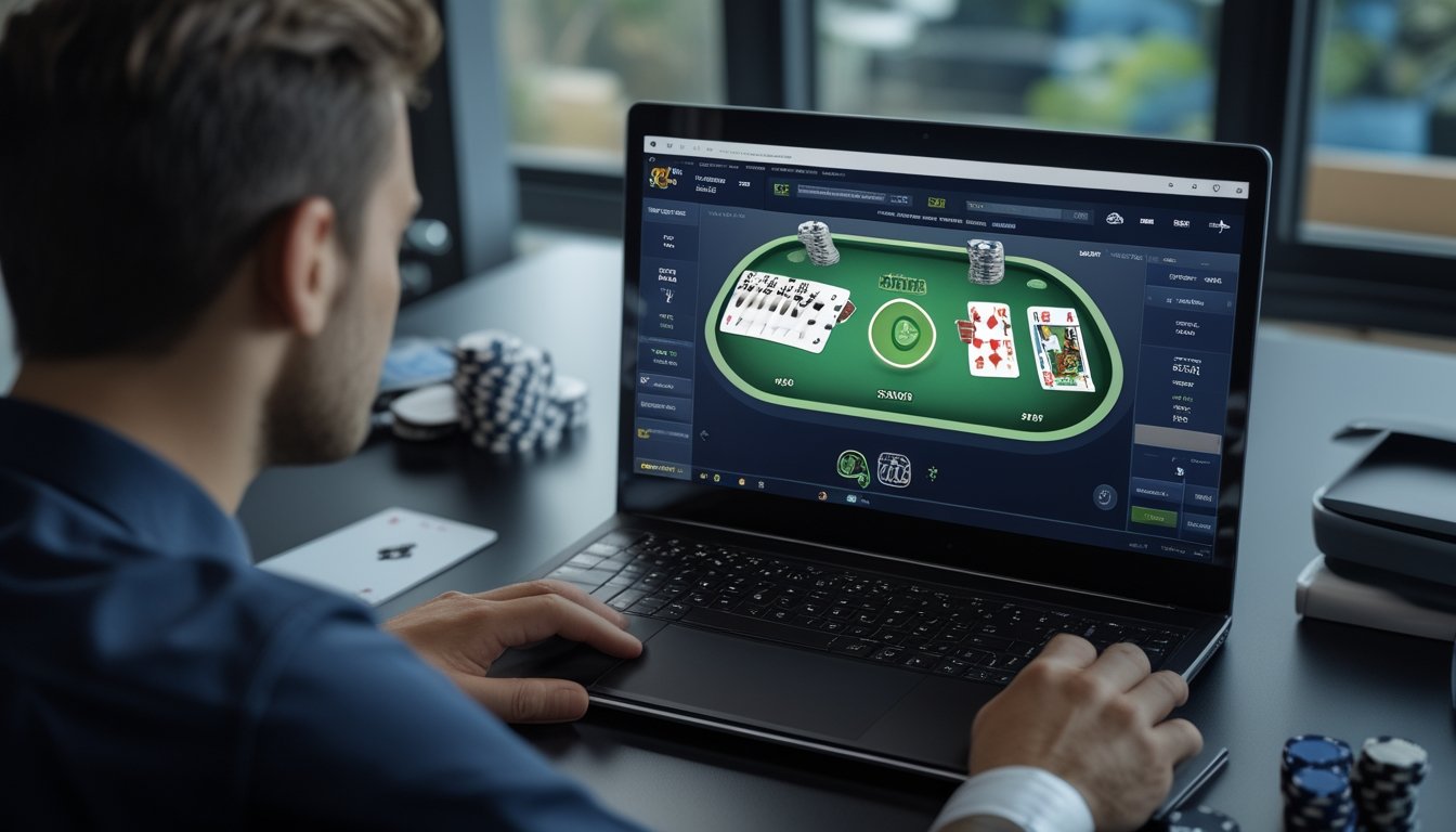 Pemain poker sedang menganalisis keputusan dengan tumpukan chip dan laptop di meja.