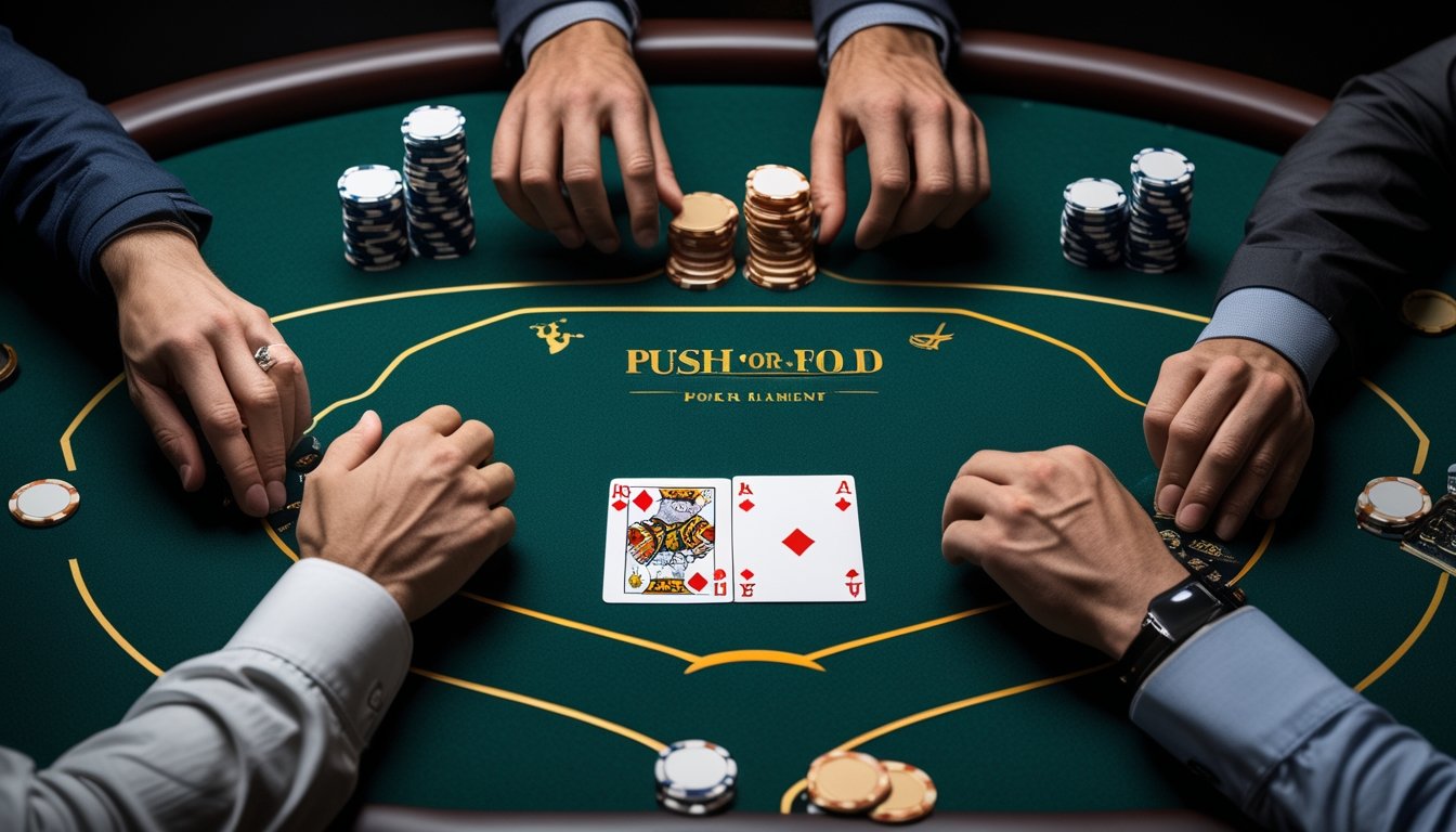 Meja poker dengan kartu tertutup, tumpukan chip, dan tangan pemain yang sedang menentukan keputusan.