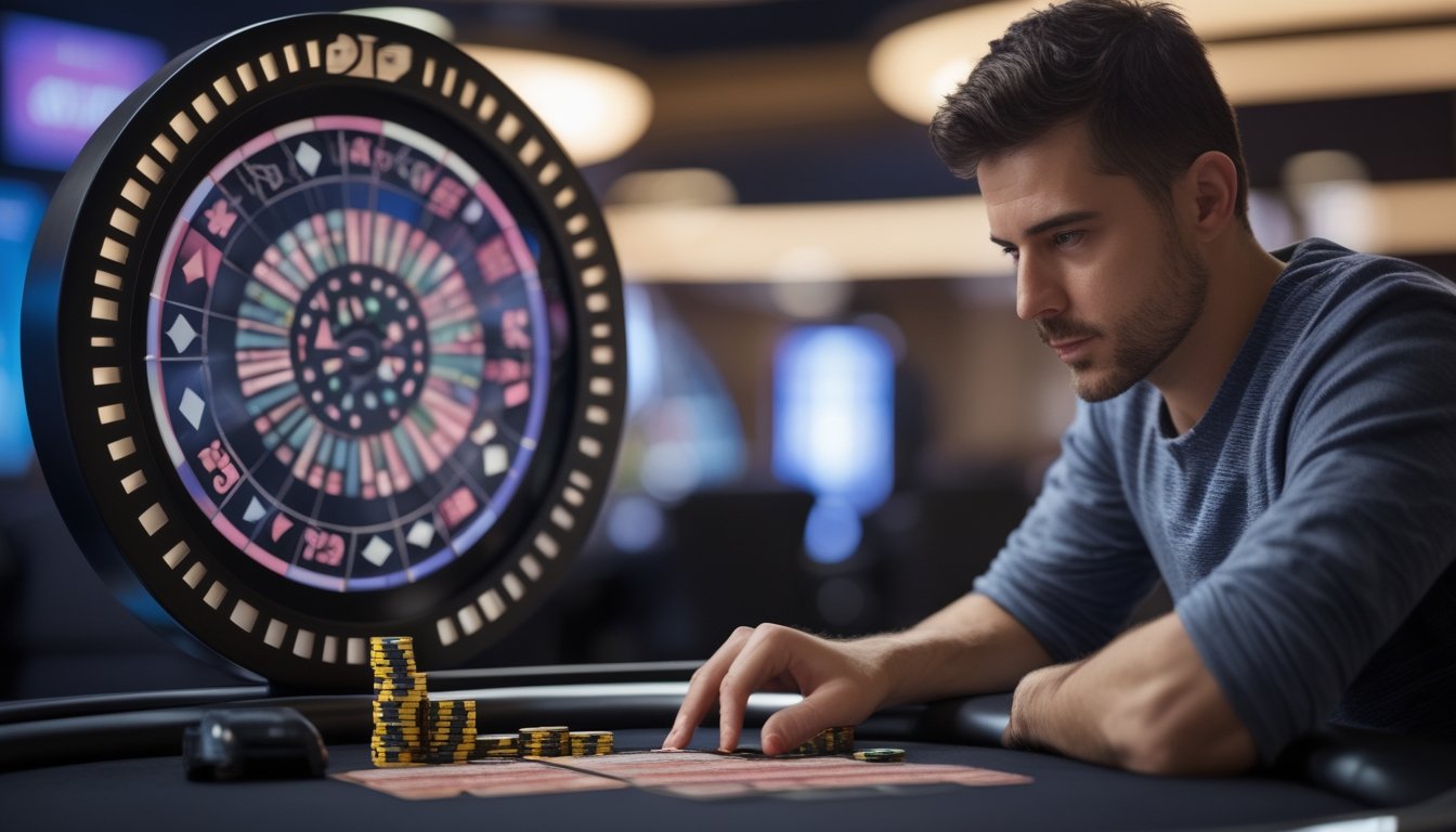 Pemain poker fokus mengatur kartu dan tumpukan chip kecil di meja kasino.