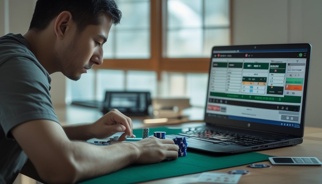 Pemain poker mempelajari kartu dan chip di meja dengan buku catatan serta laptop di dekatnya.