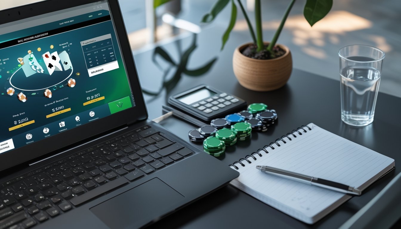 Meja kerja rapi dengan laptop, tumpukan chip poker yang tertata, kalkulator, dan buku catatan kosong.