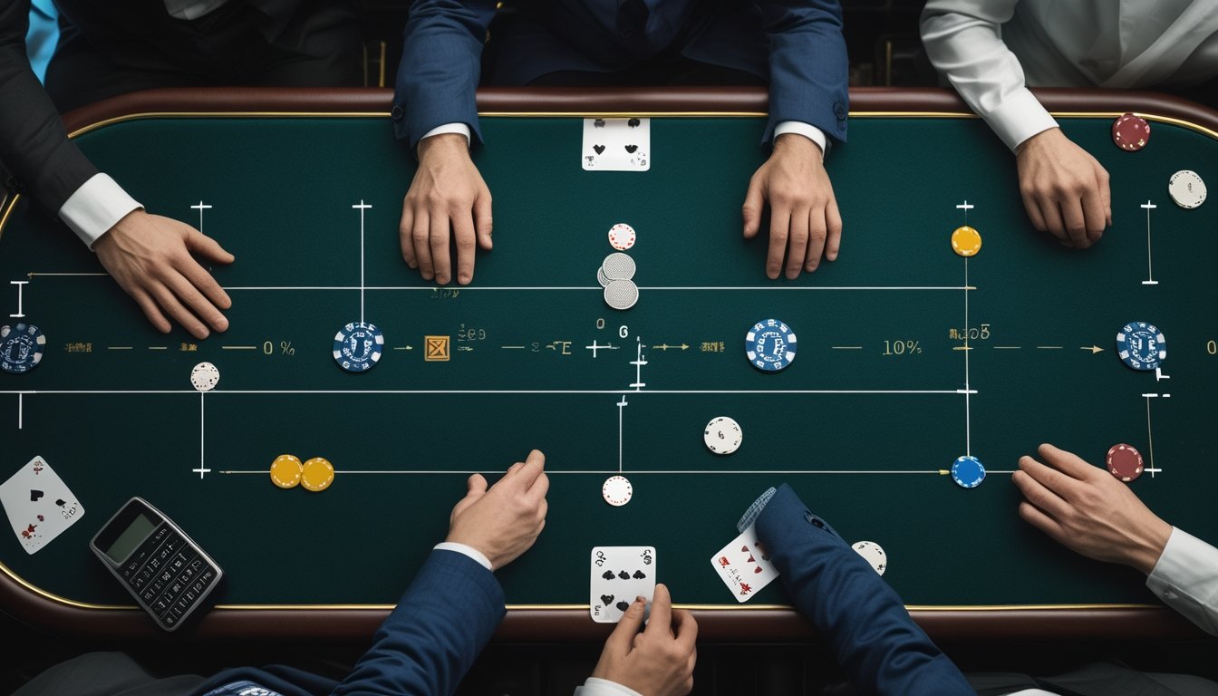 Meja poker dengan kartu, chip, kalkulator, dan elemen visual yang menggambarkan analisis probabilitas.