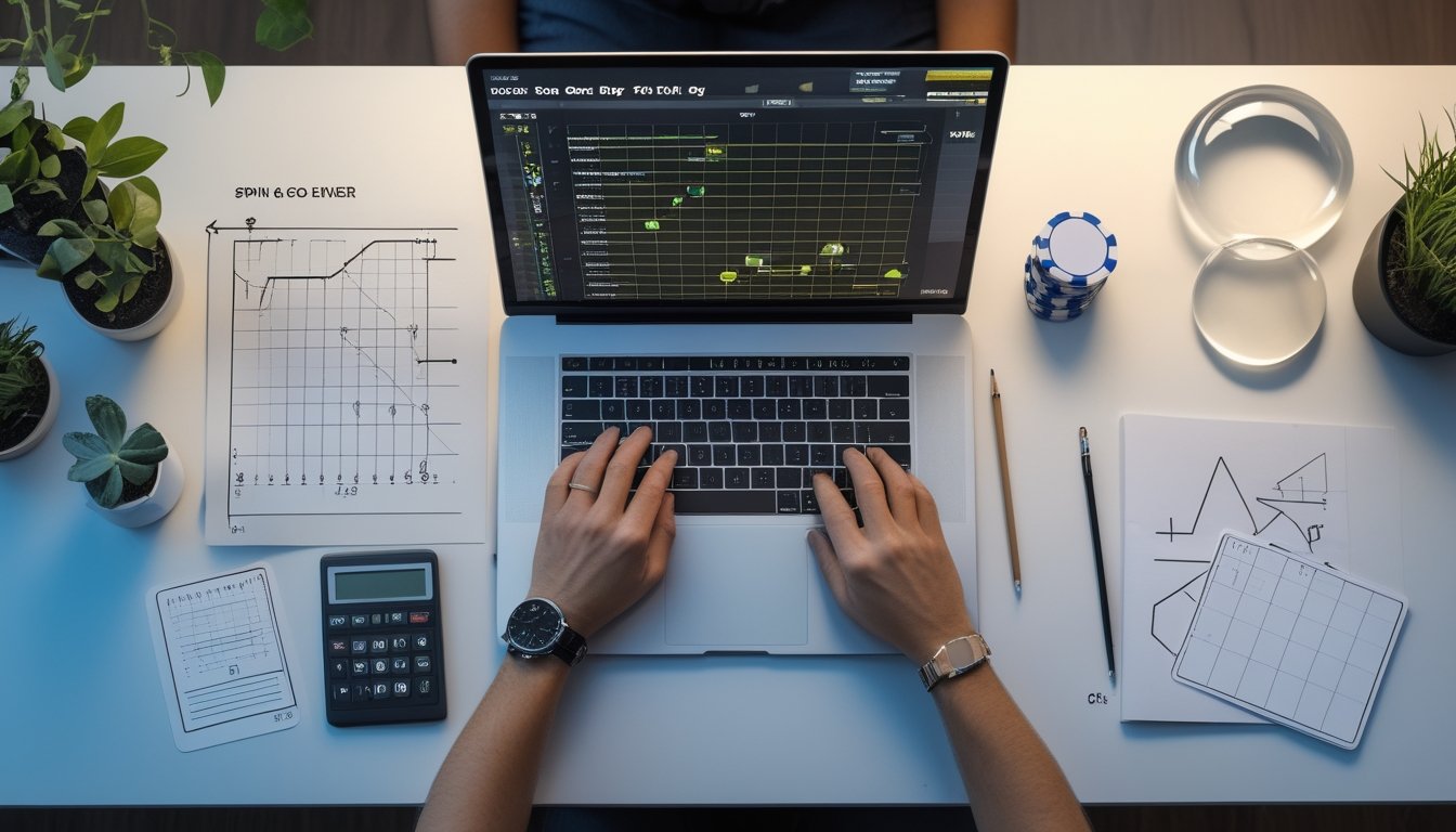 Meja kerja dengan laptop berisi visualisasi probabilitas abstrak, chip poker, kartu, kalkulator, dan diagram matematika.