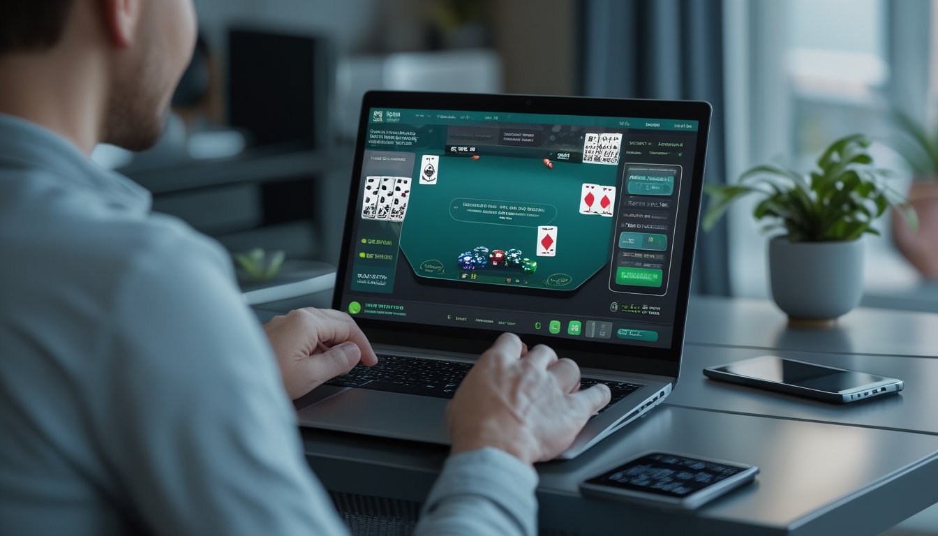Orang dewasa bermain poker online di laptop dalam ruang modern dengan kartu dan chip poker di meja.