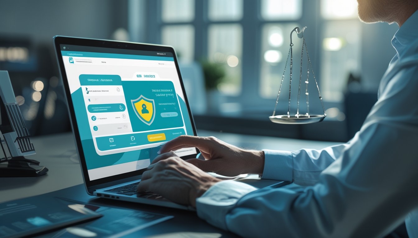Seorang analis memeriksa keamanan dan legalitas platform poker online di laptop dengan simbol gembok dan perlindungan data.