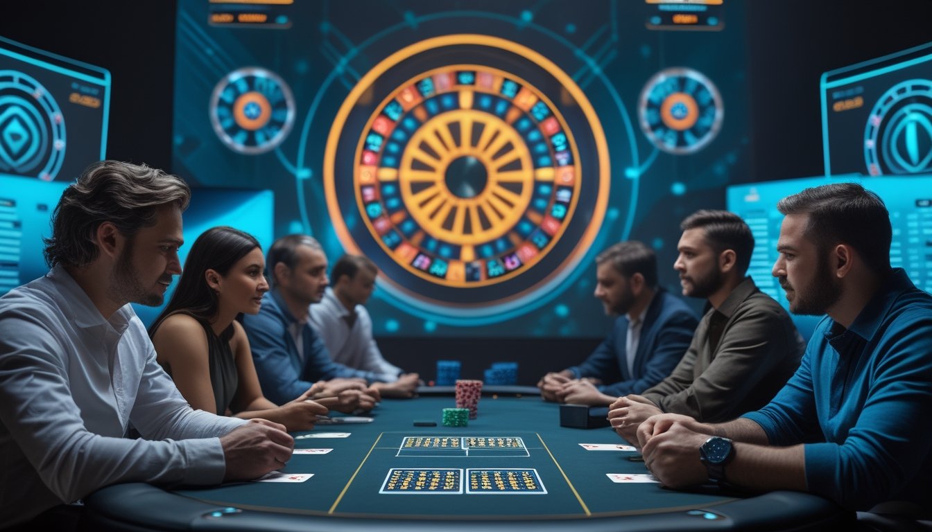 Sekelompok pemain dewasa mengikuti turnamen poker online dengan kartu, chip, dan tampilan permainan digital.
