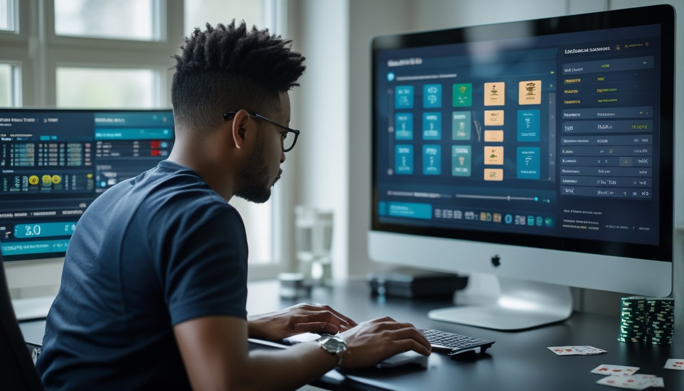 Seorang pemain dewasa menganalisis turnamen poker online di meja kerja dengan grafik dan meja poker abstrak pada monitor.