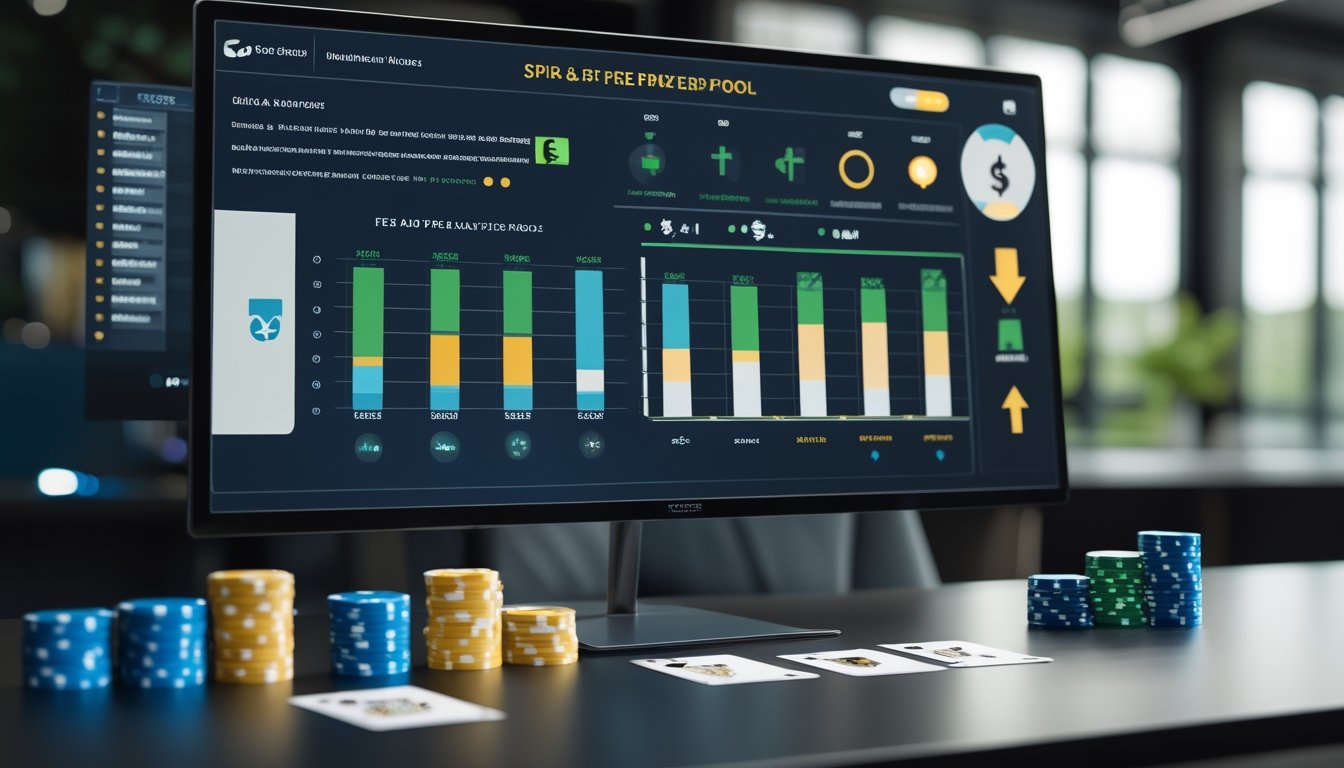 Meja kerja dengan monitor analitik abstrak, tumpukan chip poker, kartu tertutup, dan grafik perbandingan hadiah.