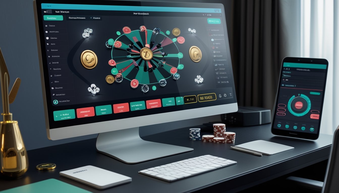 Meja kerja modern dengan layar poker online, kartu, keping poker, roda hadiah, dan kalkulator.