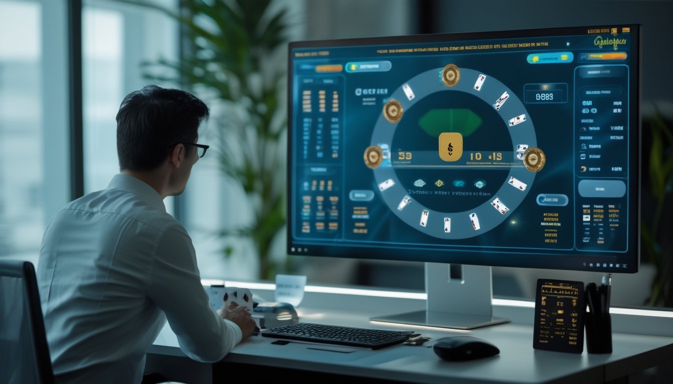 Pemain poker menilai bonus rakeback melalui dasbor permainan digital dengan chip poker dan kartu di meja.