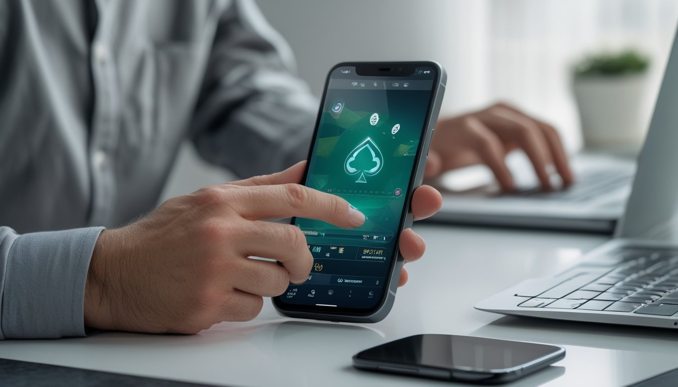 Seorang dewasa menggunakan ponsel untuk memainkan permainan kartu poker digital di meja kerja.