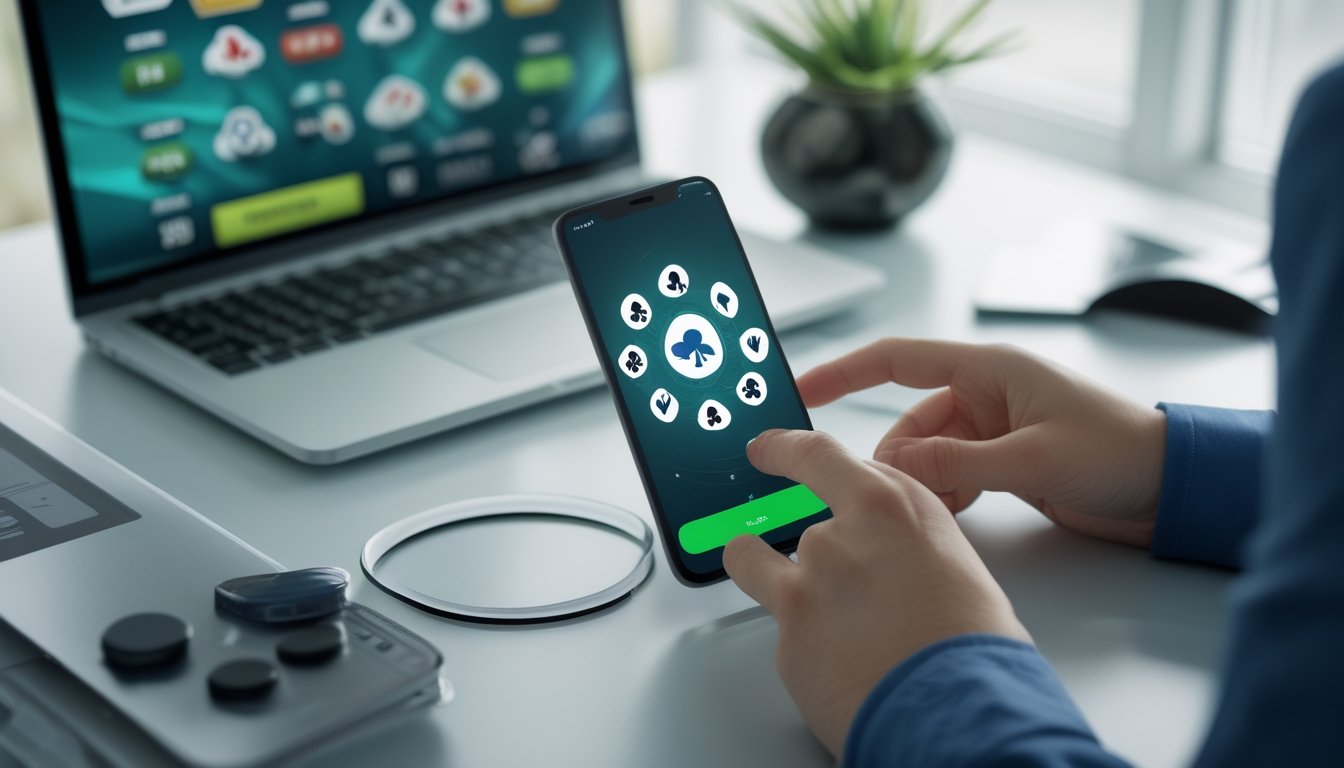 Smartphone dan laptop berada di meja rapi dengan tampilan permainan kartu digital tanpa tulisan.