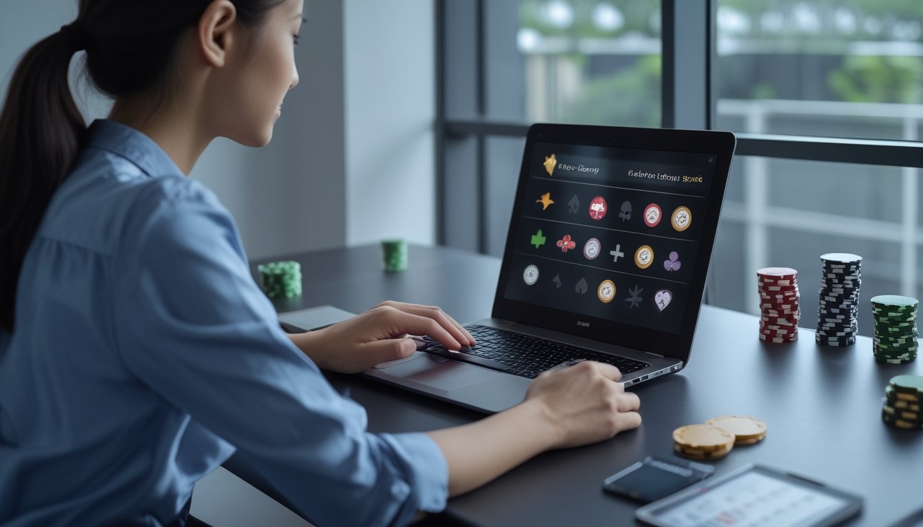 Seorang pemula mempelajari permainan kasino online melalui laptop dengan kartu dan chip di meja.