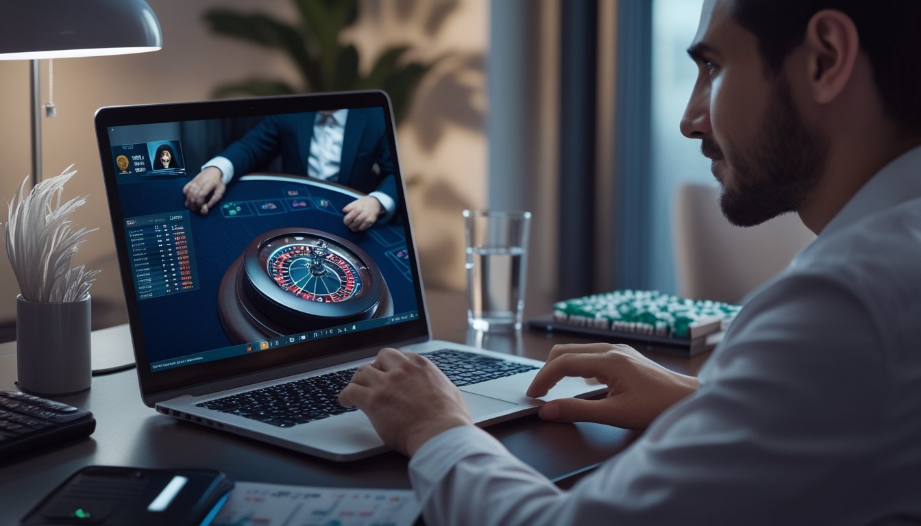 Seseorang fokus bermain kasino langsung melalui laptop di ruang kerja modern dengan catatan strategi dan perlengkapan permainan di atas meja.