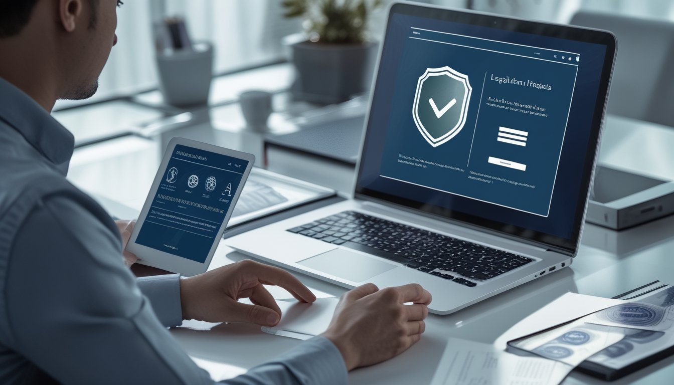 Seorang profesional memeriksa platform taruhan online dengan simbol perisai, sertifikat, dan timbangan sebagai tanda legalitas dan keamanan.