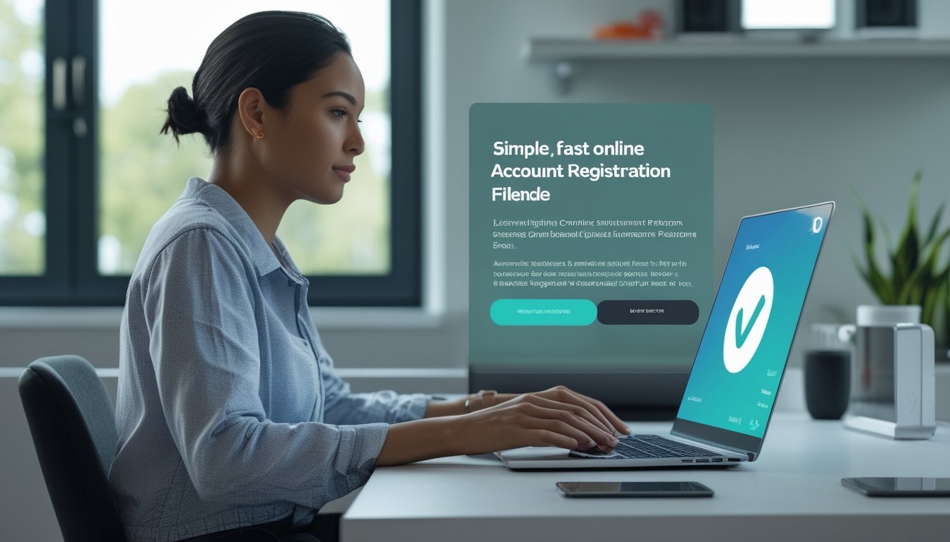 Orang dewasa mengisi formulir pendaftaran digital di laptop dengan ponsel di sampingnya.