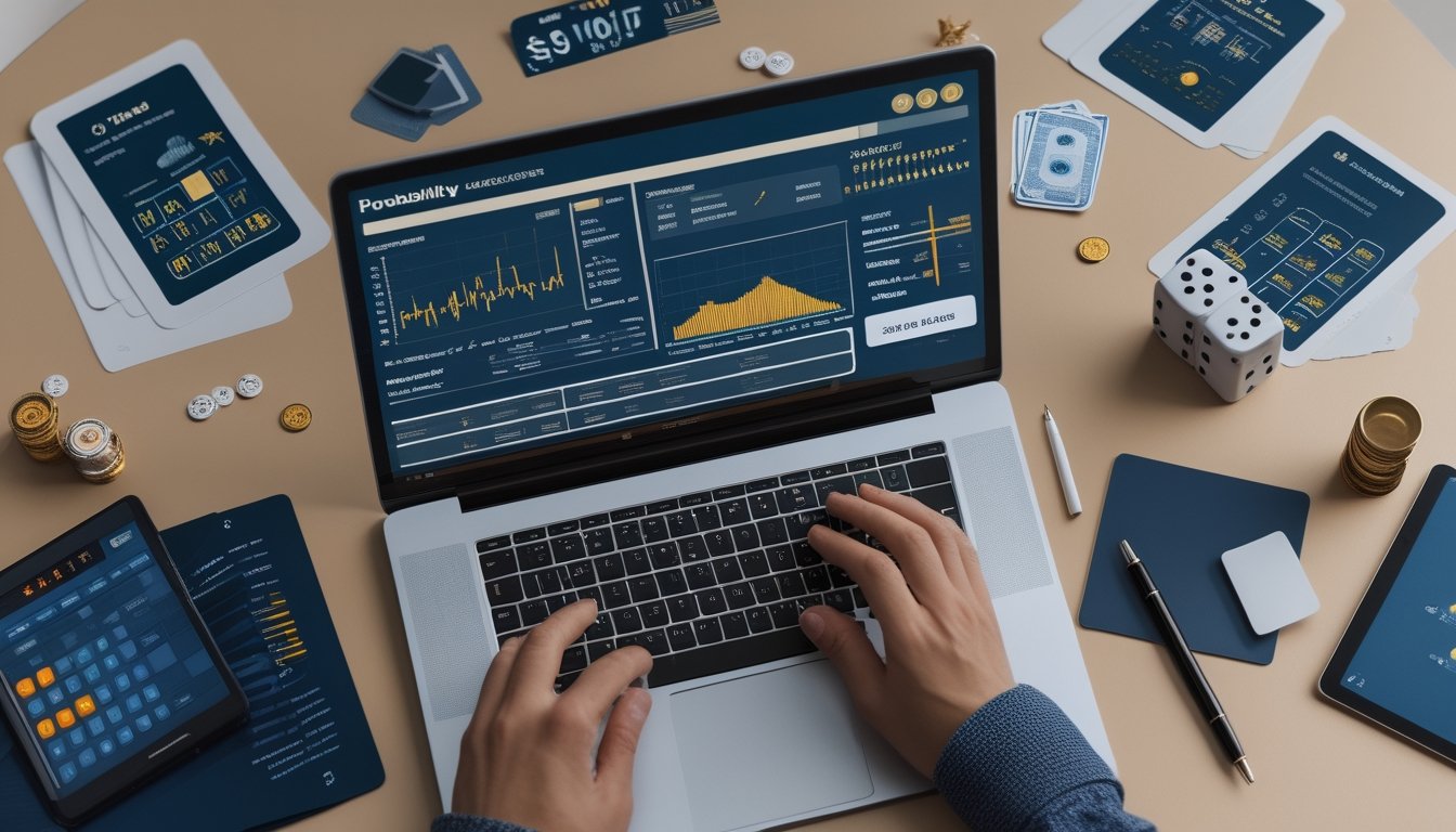 Laptop dengan grafik probabilitas dan perlengkapan analisis statistik di samping kartu, dadu, serta token kasino.