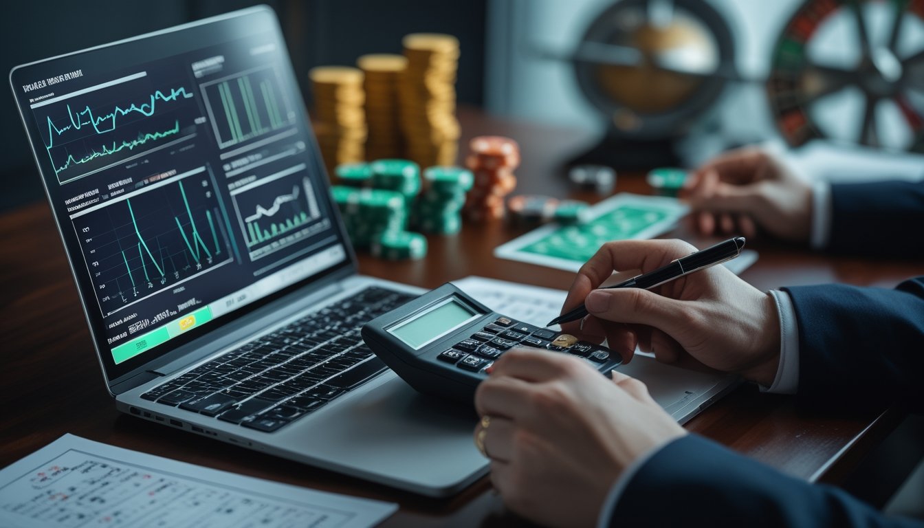 Meja kerja dengan laptop berisi grafik abstrak, kalkulator, kartu remi, dan chip kasino untuk menggambarkan analisis probabilitas.
