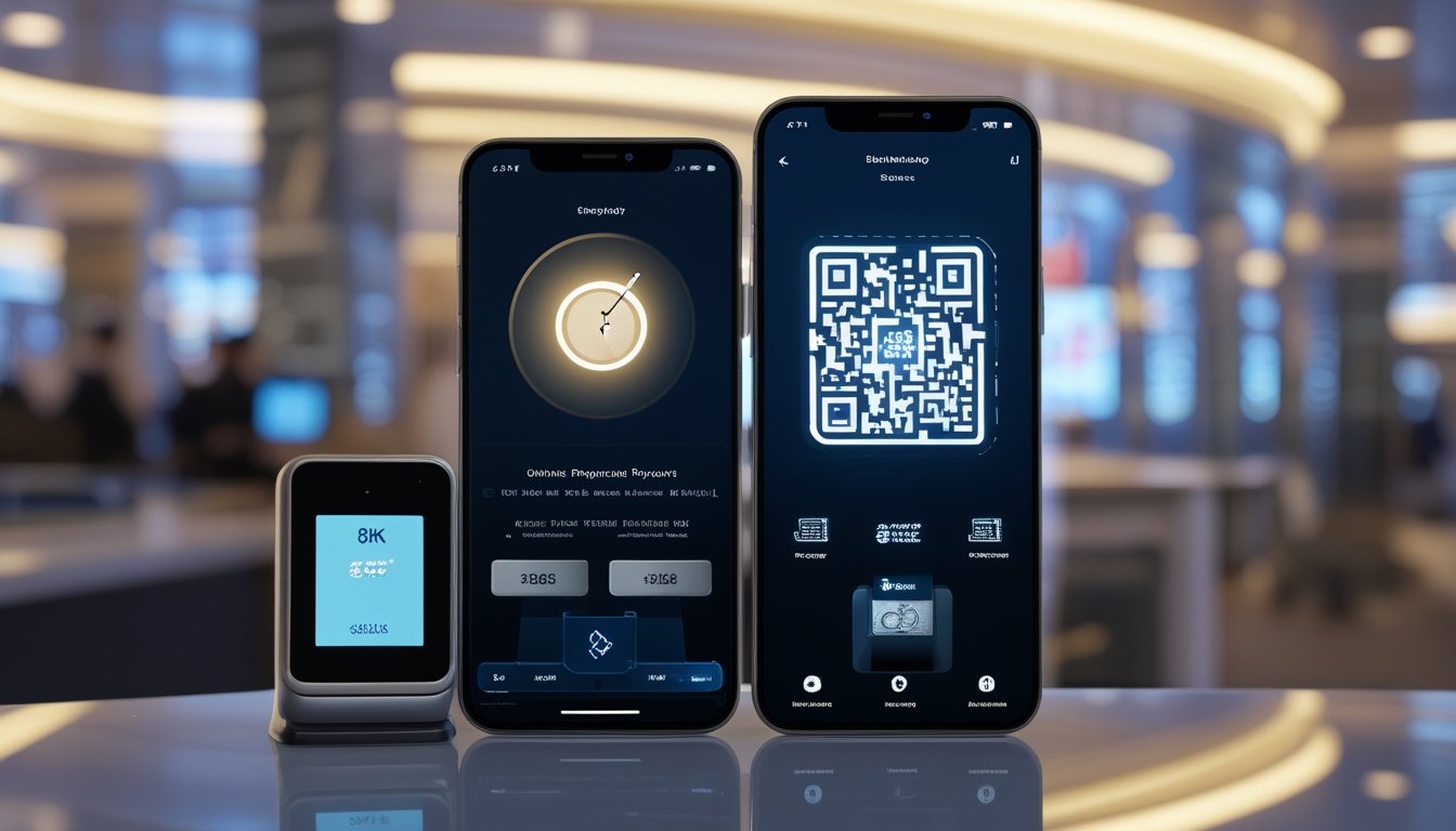 Ponsel dan terminal pembayaran menampilkan kode QR serta simbol dompet digital dalam suasana modern.