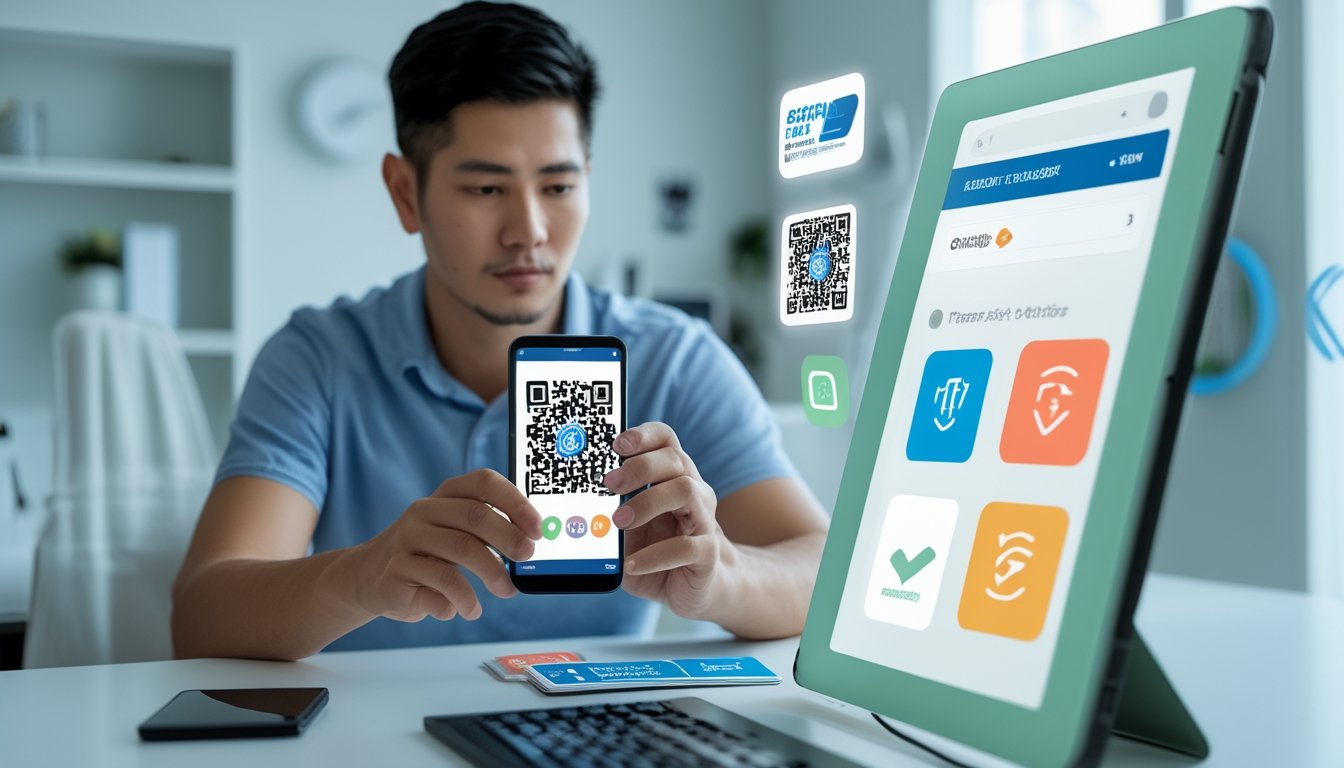 Seseorang menggunakan ponsel untuk melakukan pembayaran digital dengan QR dan dompet elektronik di meja kerja.