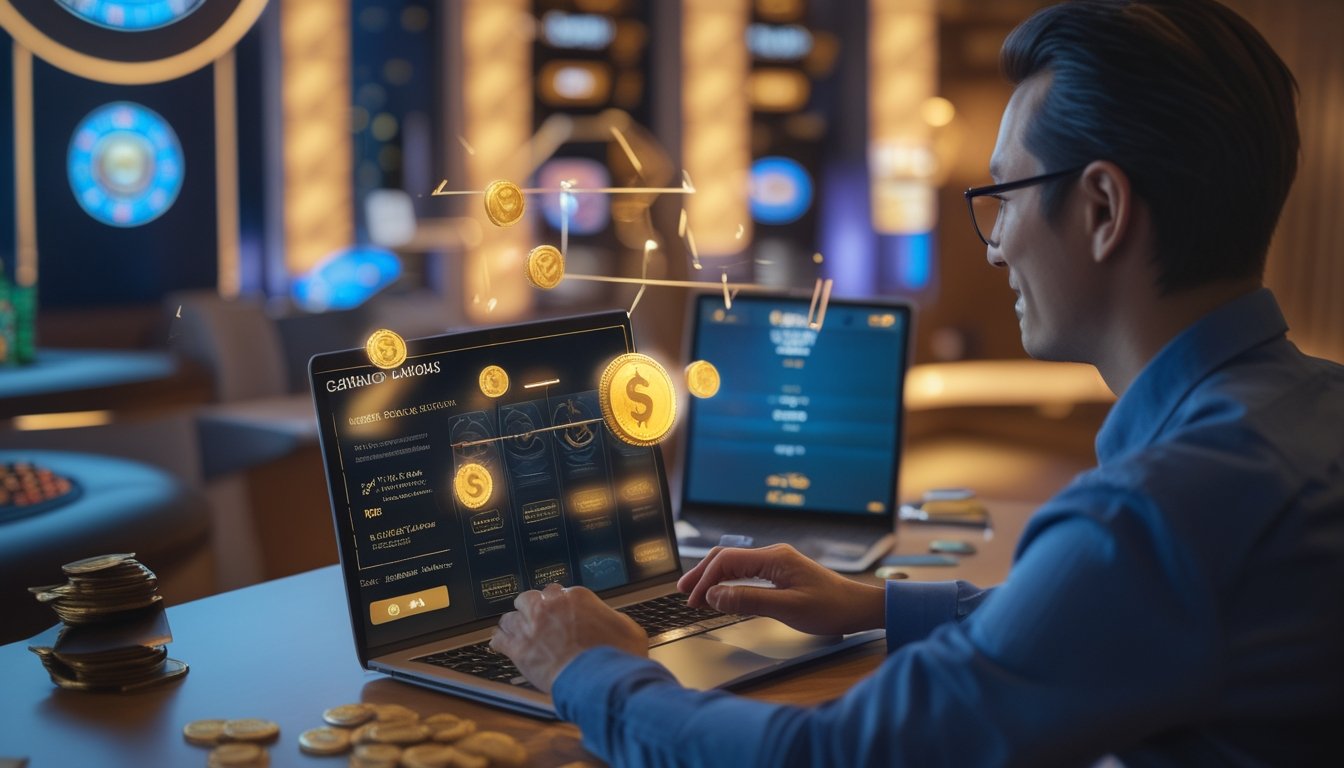 Seseorang menggunakan laptop dengan tampilan bonus digital di lingkungan kasino modern.