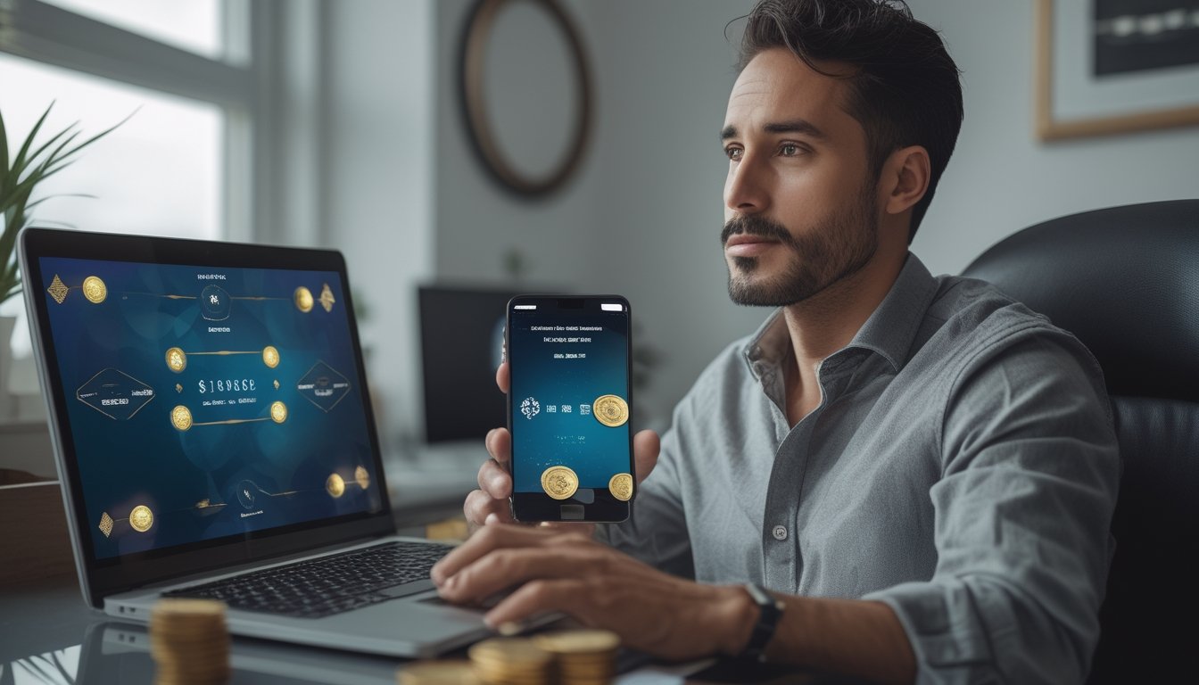 Orang dewasa menggunakan laptop dan ponsel untuk mengakses platform kasino online dengan tampilan dompet digital.