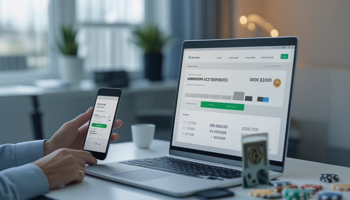Seseorang memeriksa saldo digital dan informasi deposit melalui laptop dan ponsel di ruang kerja modern.