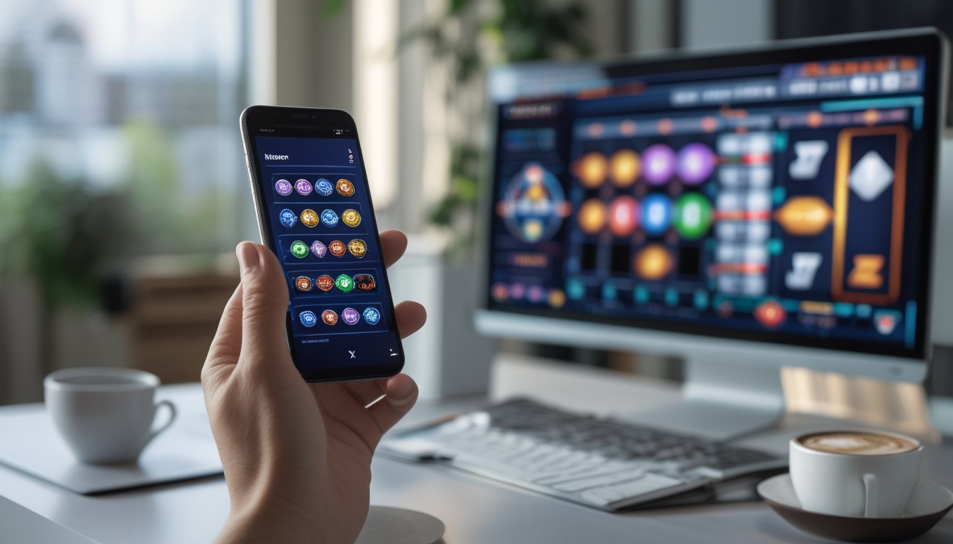 Orang dewasa menggunakan ponsel untuk mengakses permainan kasino daring, dengan komputer desktop terlihat di belakangnya.