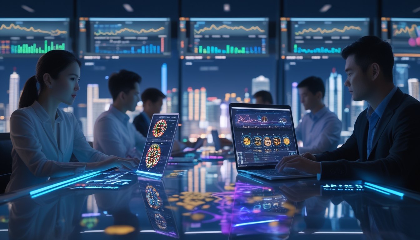 Sekelompok profesional Asia menganalisis tren taruhan kasino digital pada layar di ruang kerja modern.