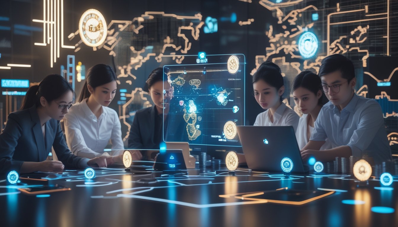 Profesional Asia menganalisis tren pasar kasino online melalui perangkat digital di ruang kerja modern.
