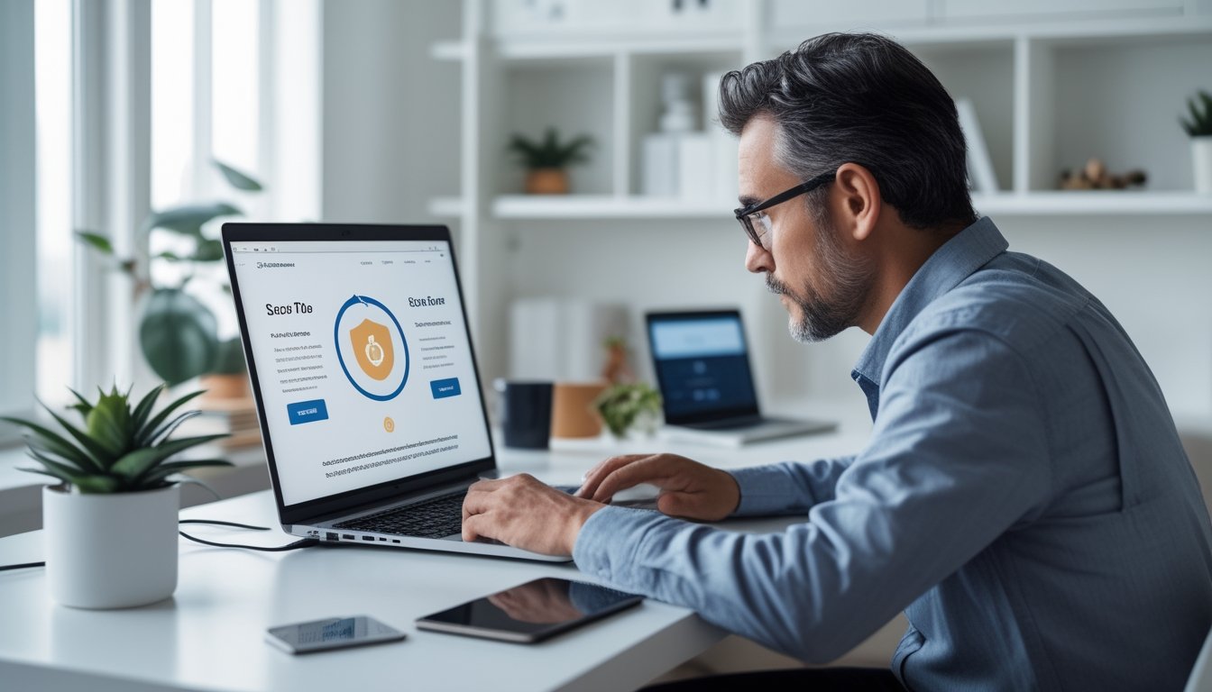 Orang dewasa memeriksa akses situs web dengan laptop dan ponsel di ruang kerja modern.