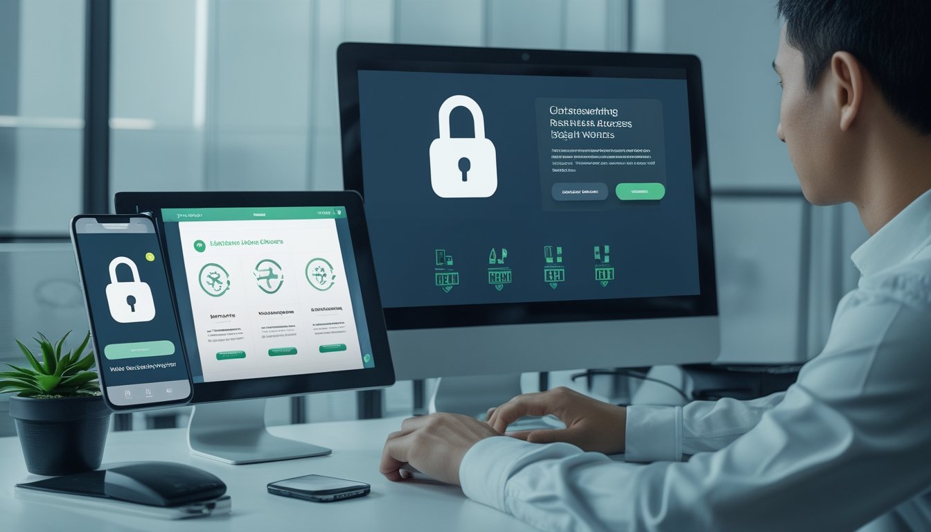 Seorang profesional memeriksa akses situs terbatas di laptop dan ponsel dengan simbol keamanan serta verifikasi.