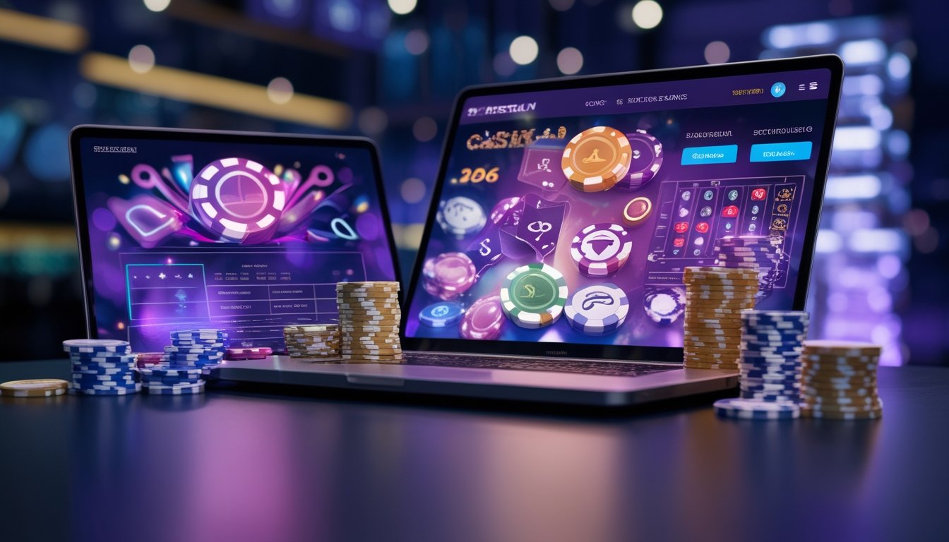 Perangkat digital menampilkan permainan kasino abstrak dengan kartu dan keping kasino di meja bercahaya.