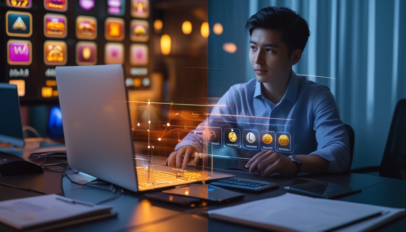 Seseorang memeriksa tampilan permainan kasino digital sambil mempertimbangkan risiko di meja kerja.