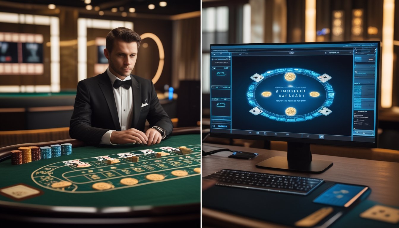 Perbandingan meja baccarat langsung dengan dealer dan meja baccarat virtual pada layar komputer.