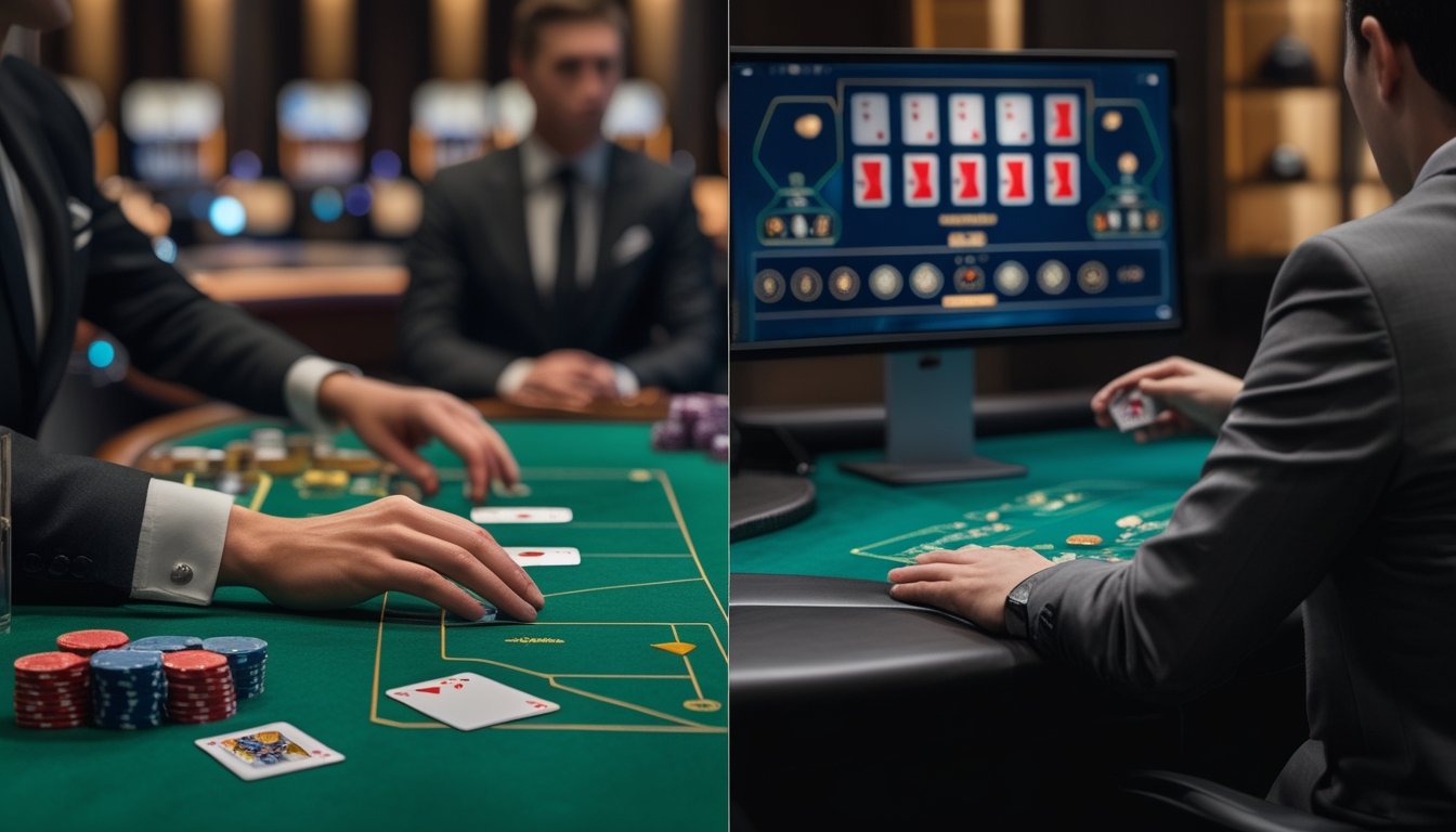 Seorang bandar membagikan kartu di meja baccarat, sementara seseorang memainkan baccarat virtual melalui komputer.