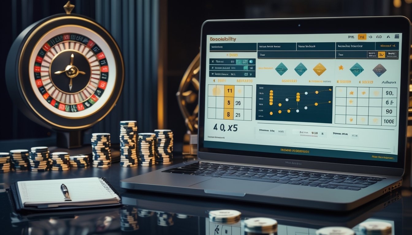 Meja kerja dengan roda roulette, keping taruhan, laptop, kalkulator, dan buku catatan kosong.
