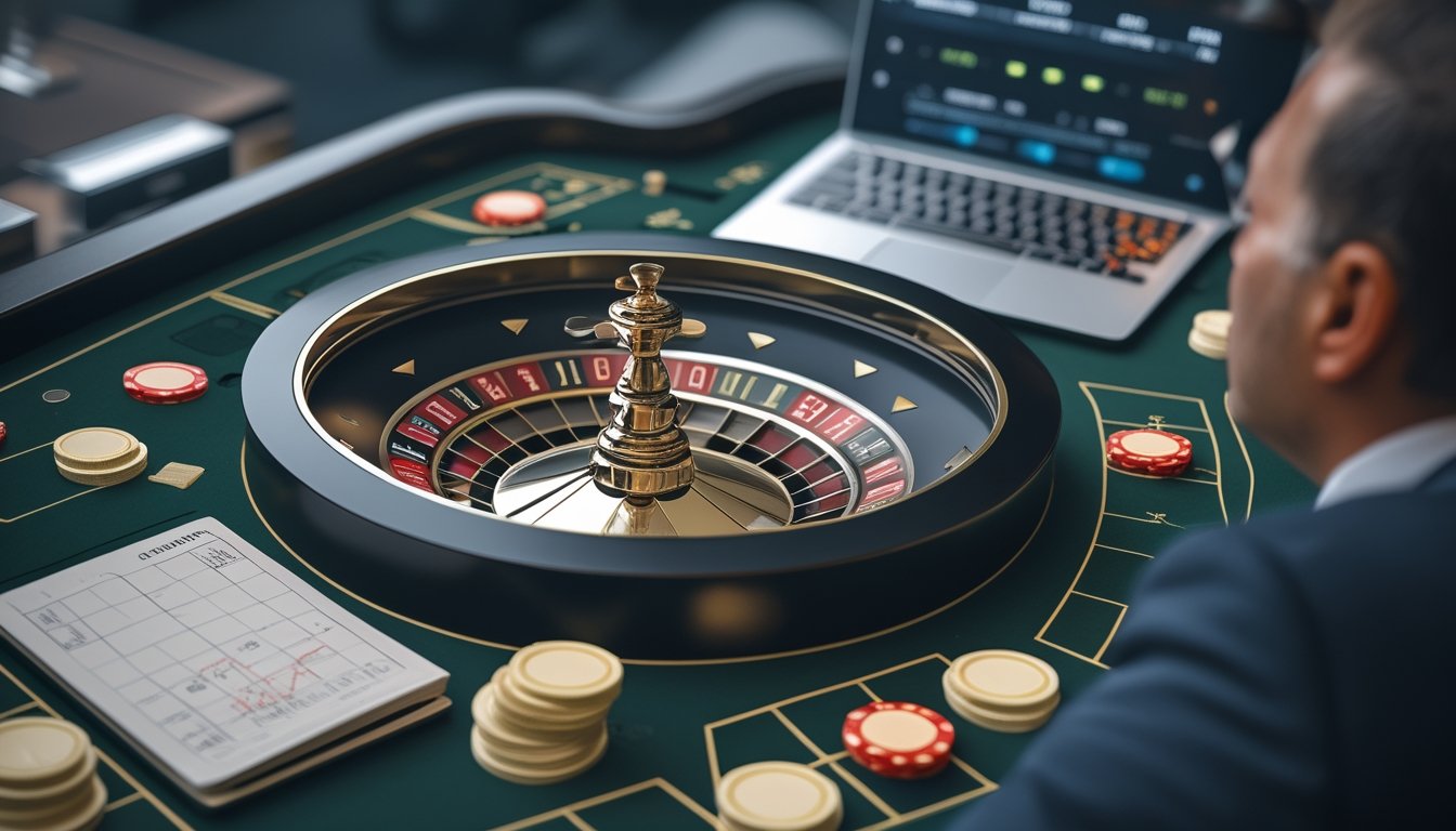 Pemain menganalisis susunan taruhan di meja roulette dengan roda roulette dan keping taruhan.