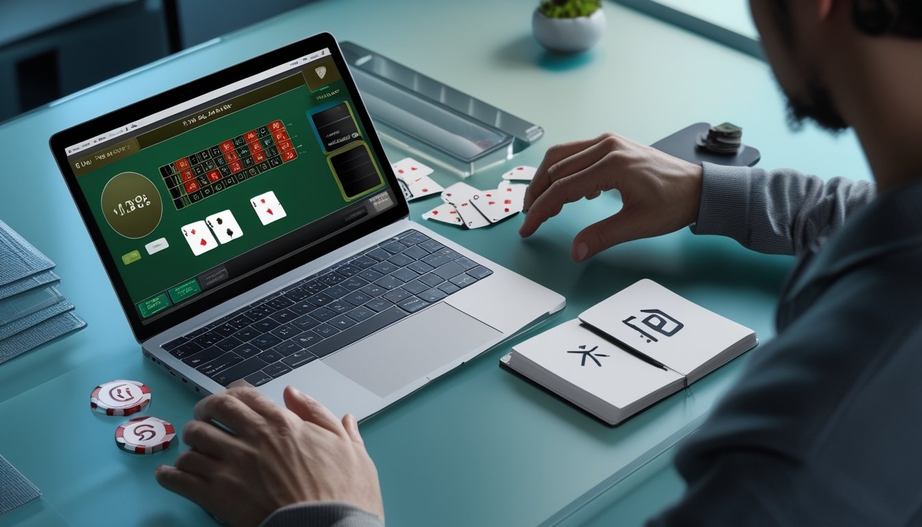 Seseorang memainkan blackjack online di laptop dengan kartu dan chip di atas meja.