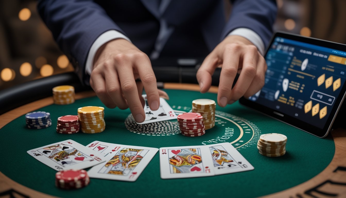 Tangan memainkan blackjack online di perangkat digital dengan kartu dan keping kasino di atas meja hijau.