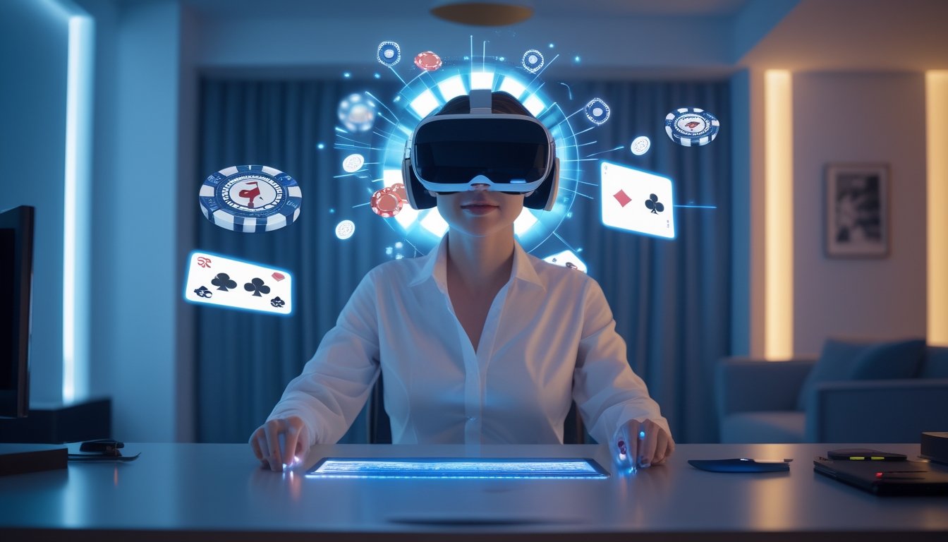 Seseorang mengenakan headset realitas virtual dan menikmati pengalaman kasino digital di ruang modern.