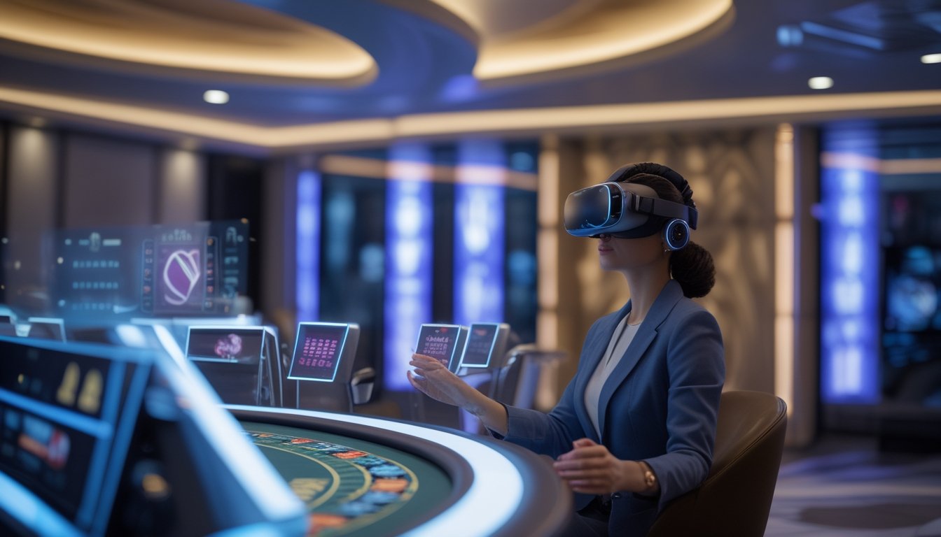 Seorang pemain memakai headset realitas virtual dan menjelajahi kasino digital futuristis.