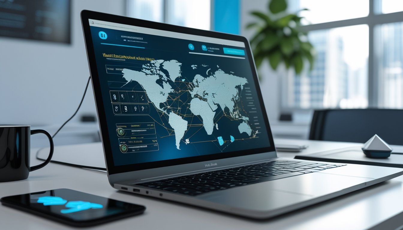 Laptop dan ponsel menampilkan antarmuka digital abstrak dengan jaringan global di meja kantor modern.