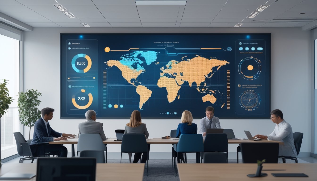 Tim analis profesional mengamati dashboard abstrak tentang pasar lotre di kantor modern.