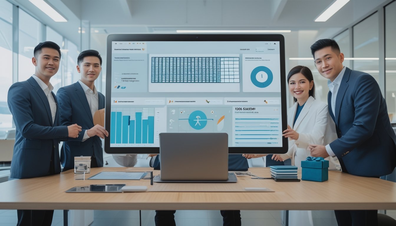 Sekelompok profesional Indonesia melihat analisis angka dan simbol hadiah di perangkat digital dalam suasana kantor modern.