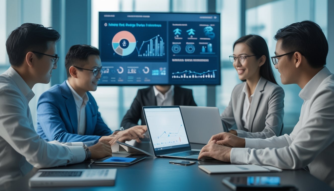 Sekelompok profesional berdiskusi di ruang kerja modern sambil melihat data analitik pada perangkat digital.
