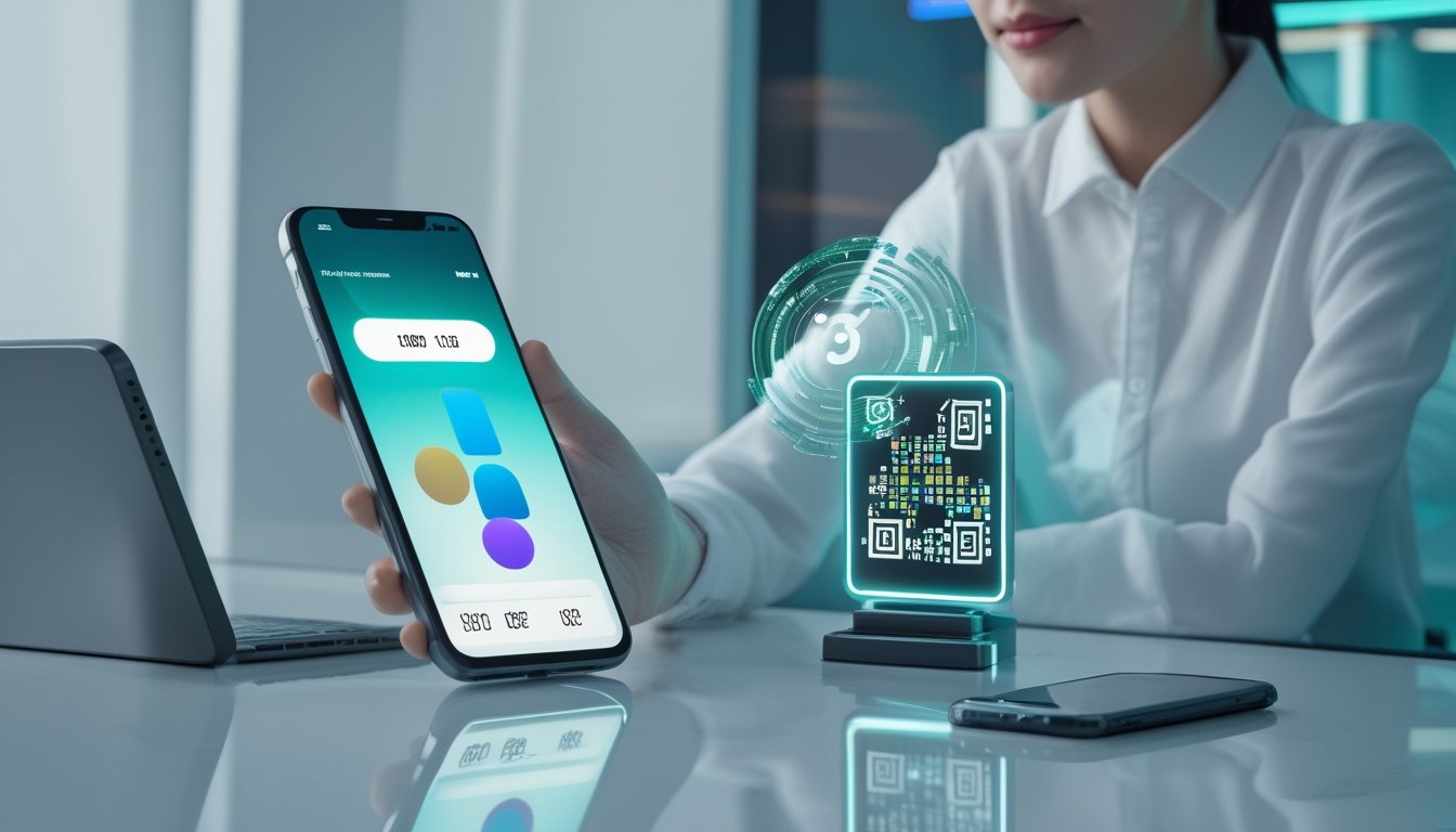 Seseorang menggunakan ponsel untuk melakukan pembayaran digital di meja modern dengan simbol QR.