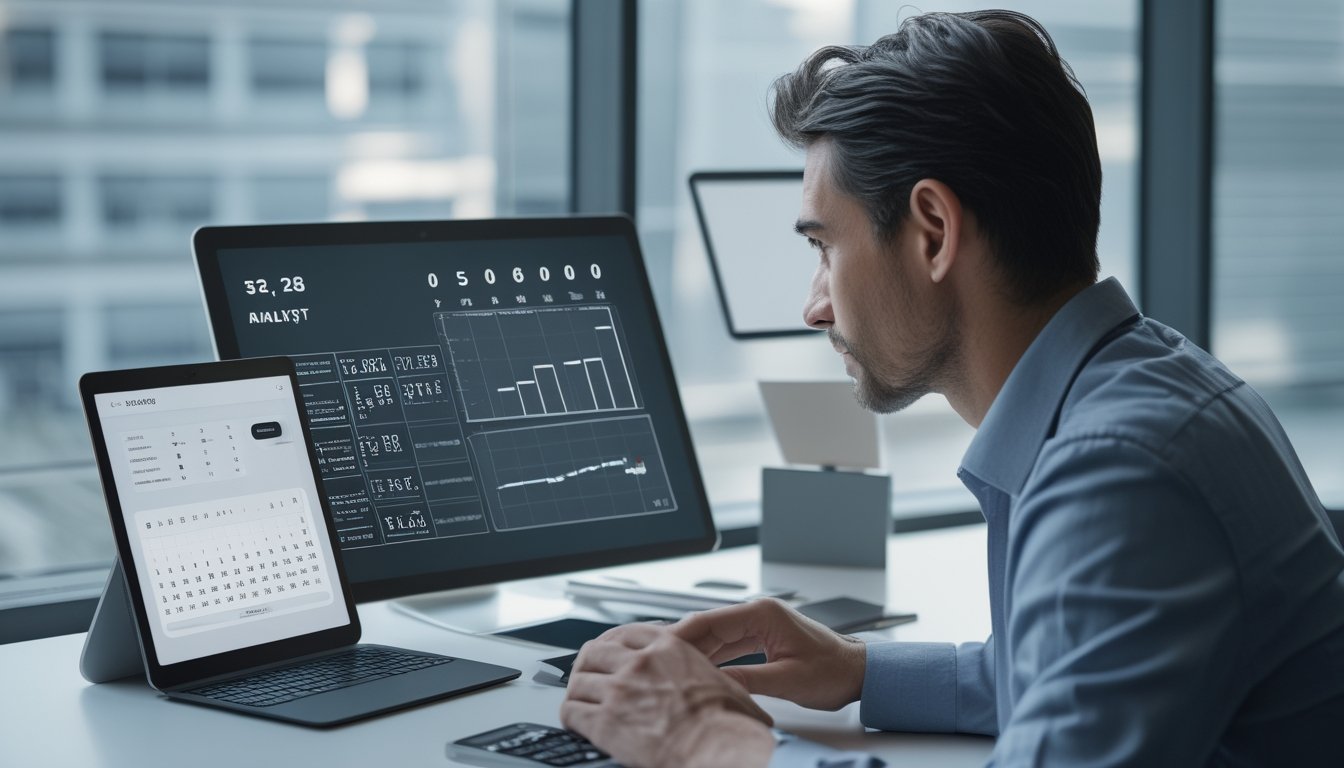 Seorang analis dewasa memeriksa grafik data abstrak pada laptop dan tablet di meja kerja modern.