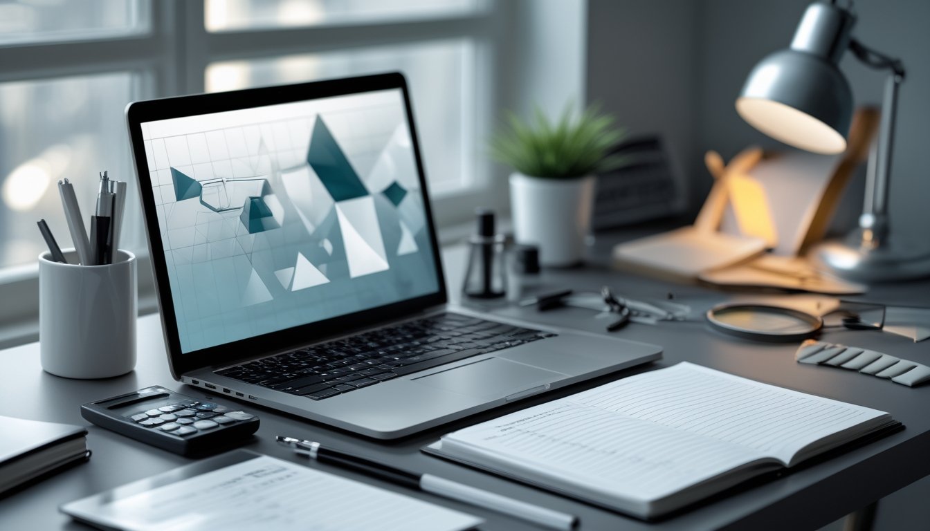 Meja kerja modern dengan laptop berisi pola data abstrak, kalkulator, token geometris, dan buku catatan kosong.