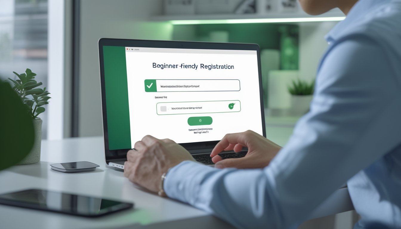 Seseorang menggunakan laptop untuk mengisi formulir pendaftaran online di ruang kerja modern.